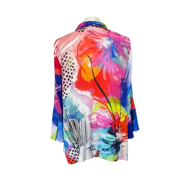 Ali Mikes Multi-colored Bell Sleeve Wire Point Collar Abstract Blouse Sz L - Picture 5 of 9